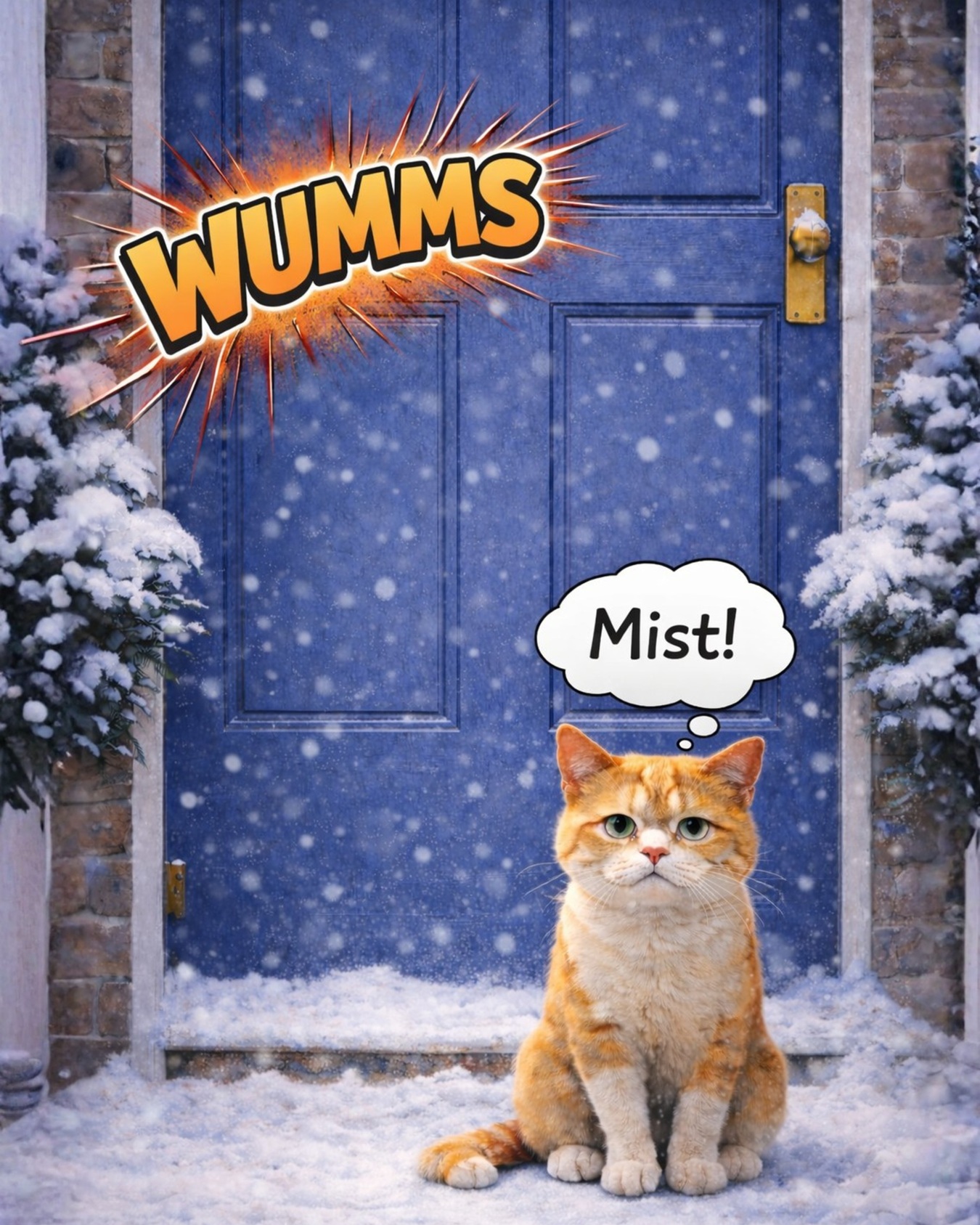 Ein Aufschlaggeräusch ist hinter der Tür zu hören. Die Katze ist so schockiert, dass sie anfängt, in menschlicher Sprache zu reden. KI-generiert.